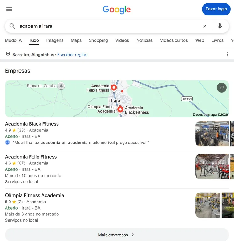 Pesquisa por academia no Google: Academia Black Fitness em primeiro