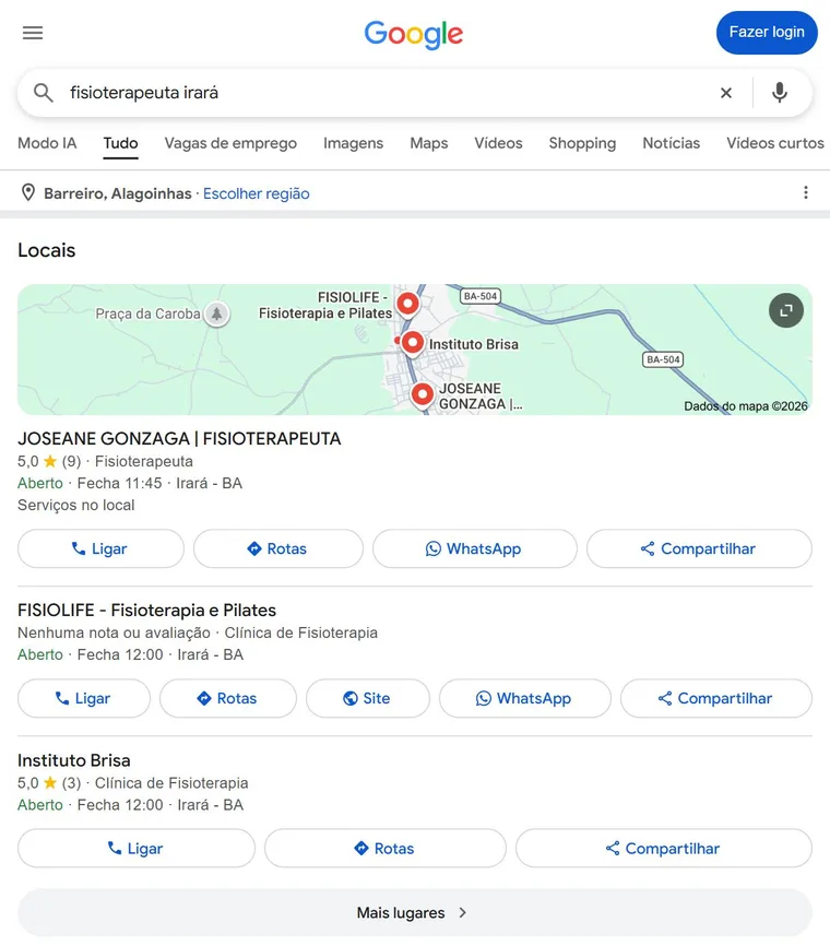 Pesquisa por fisioterapeuta no Google: Joseane Gonzaga em primeiro